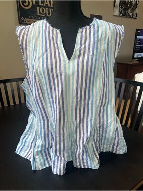 100% linen Pure Navy Striped Sleeveless Blouse Light Blue Navy and White